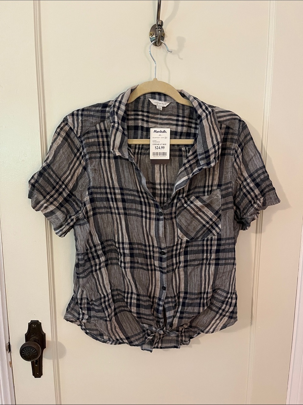 Lucky Brand short sleeve plaid button-down top NWT size L